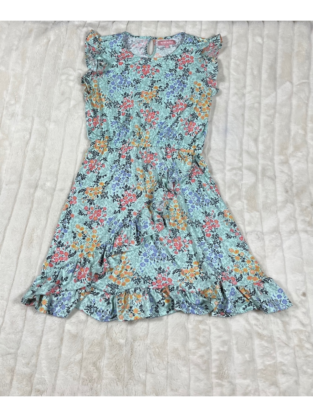 BCBG Girls L 14/16 Light Blue Pink Floral Spring Summer Preppy Casual Dress